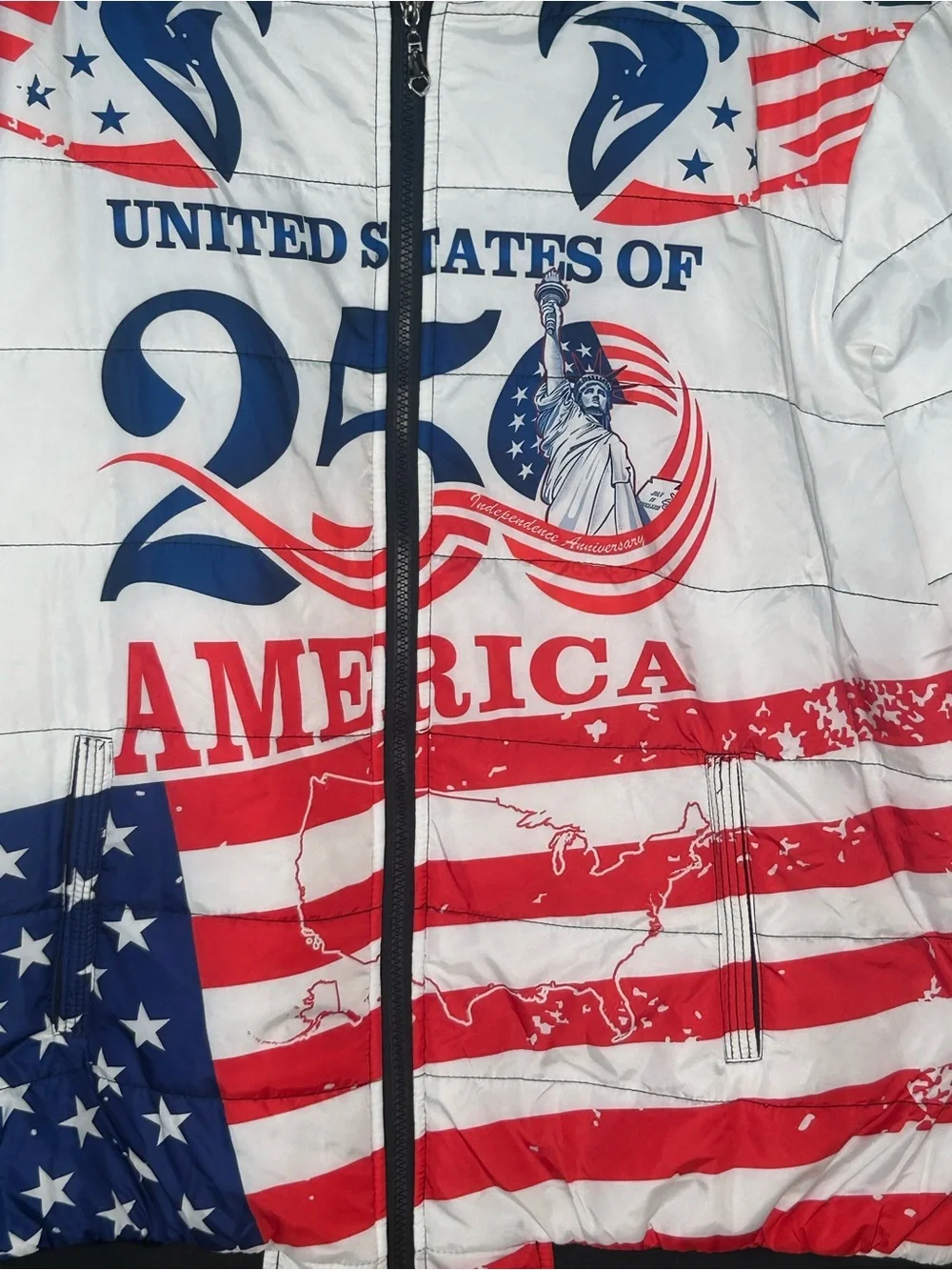 XL puffer quilted bomber jacket celebrating 250 USA Patriotic graphic design.